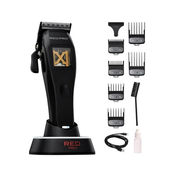 RED Pro X-King Cortapelos inalámbrico para hombres Corte de cabello Motor vectorial fuerte y rápido DLC Hoja recubierta de carbono tipo diamante Base de carga USB-C recargable 6 protectores (negro)