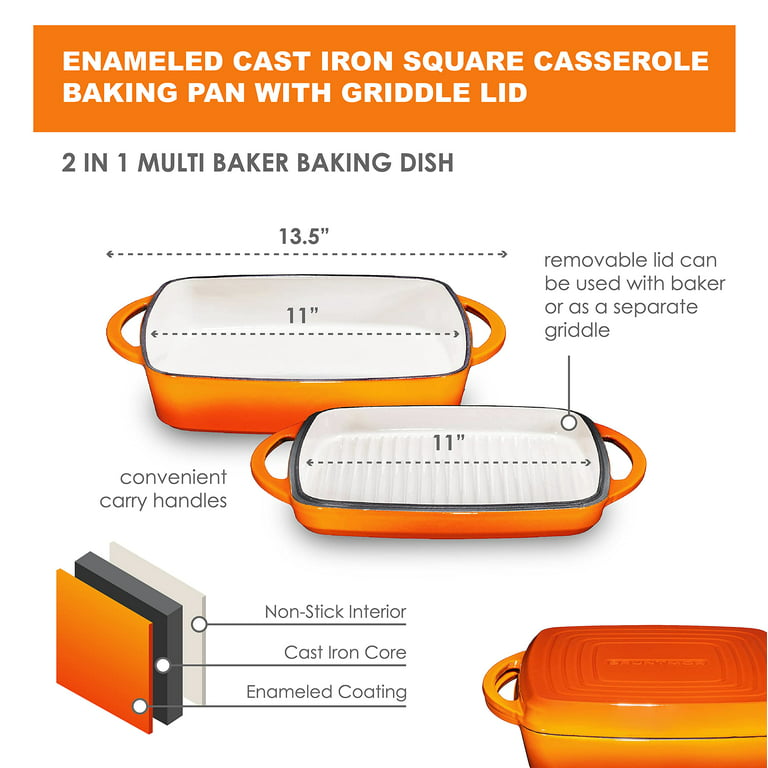 2 in 1 Enameled Cast Iron Square Casserole Baking Pan With Griddle Lid 2 in  1 Multi Baker Dish, Pumpkin Spice 
