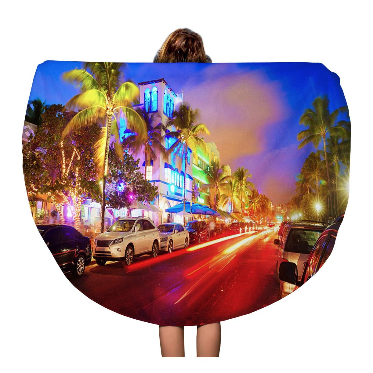 JSDART 60 inch Round Beach Towel Blanket Miami Beach South Sunset in