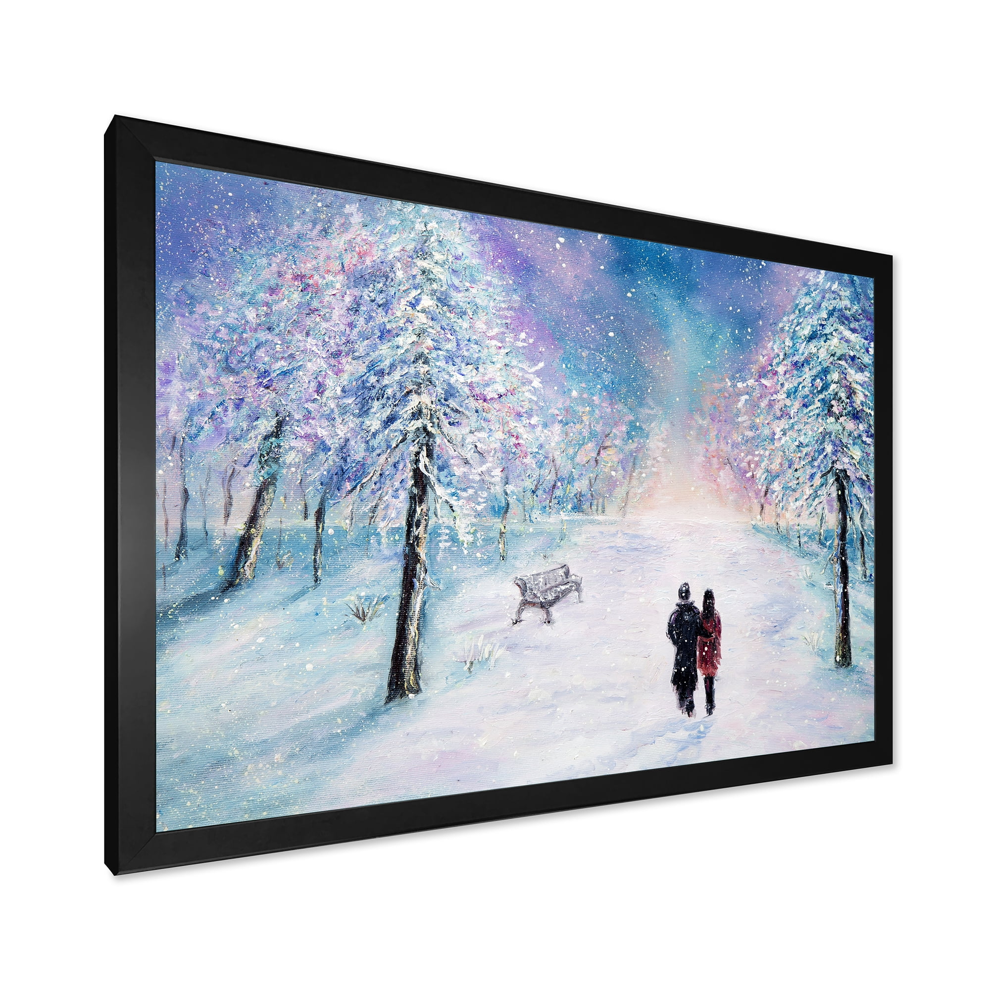 Couple In Love Walks During Snowy Winter Times 20 in x 12 in Framed Painting Canvas Art Print, by Designart
