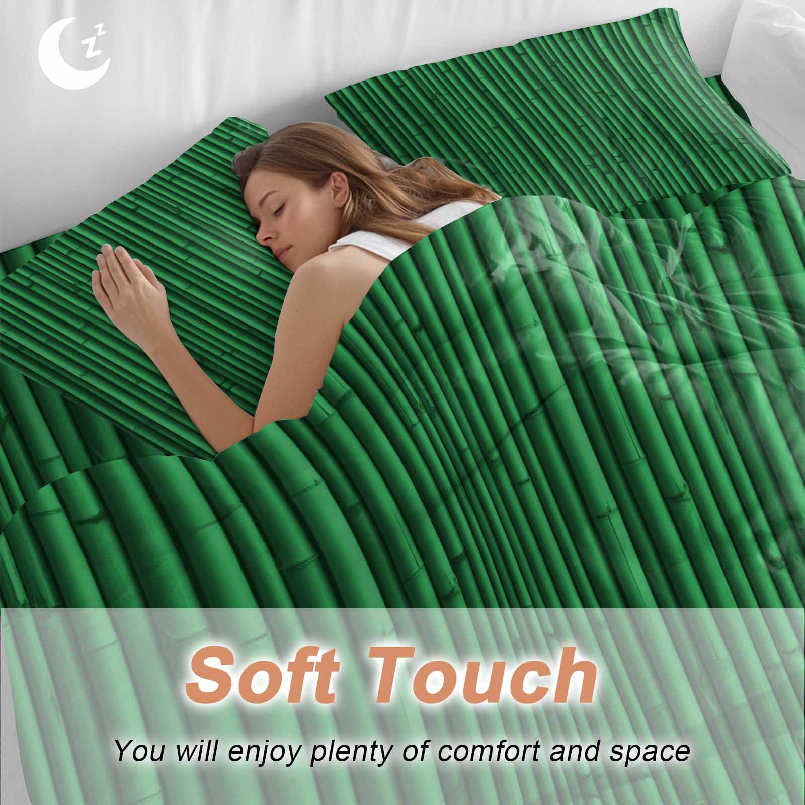 Green Bamboos Queen Duvet Cover Set, Natural Vintage Bamboos Tree Plant Image 4 Piece Microfiber Bedding Set with Zipper Closure, Bed Sheet and 2 Pillow Shams, Soft Bedding Cover