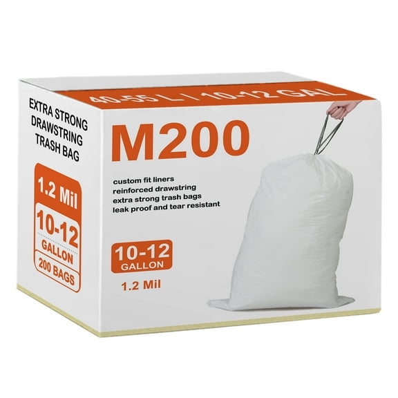 Code M 200 Count 12 Gallon | 45 Liter Trash Bags Compatible with simplehuman Code M | White Drawstring Garbage Liners
