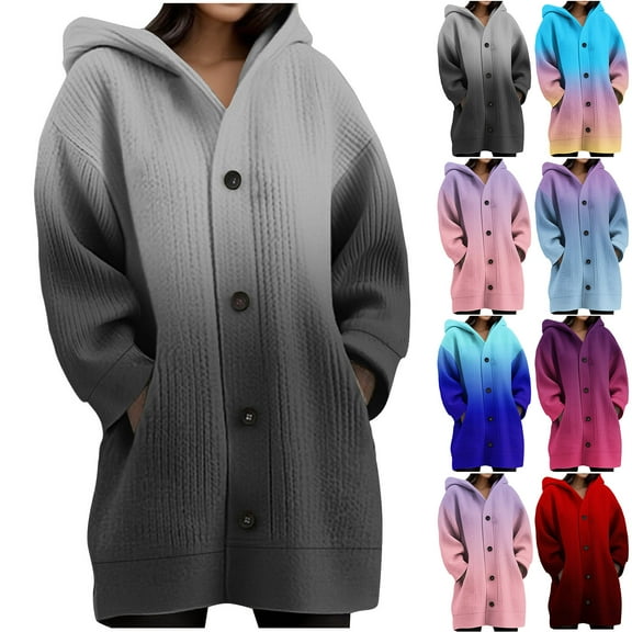 Fall/Winter Saving! HVOBTTY Women's Mid Cardigan, Winter Coats for Women, Women's Fashion Print Long Sleeve Knitted Button Everyday Wear Hooded Cardigan Jacket Hot Pink, XXL