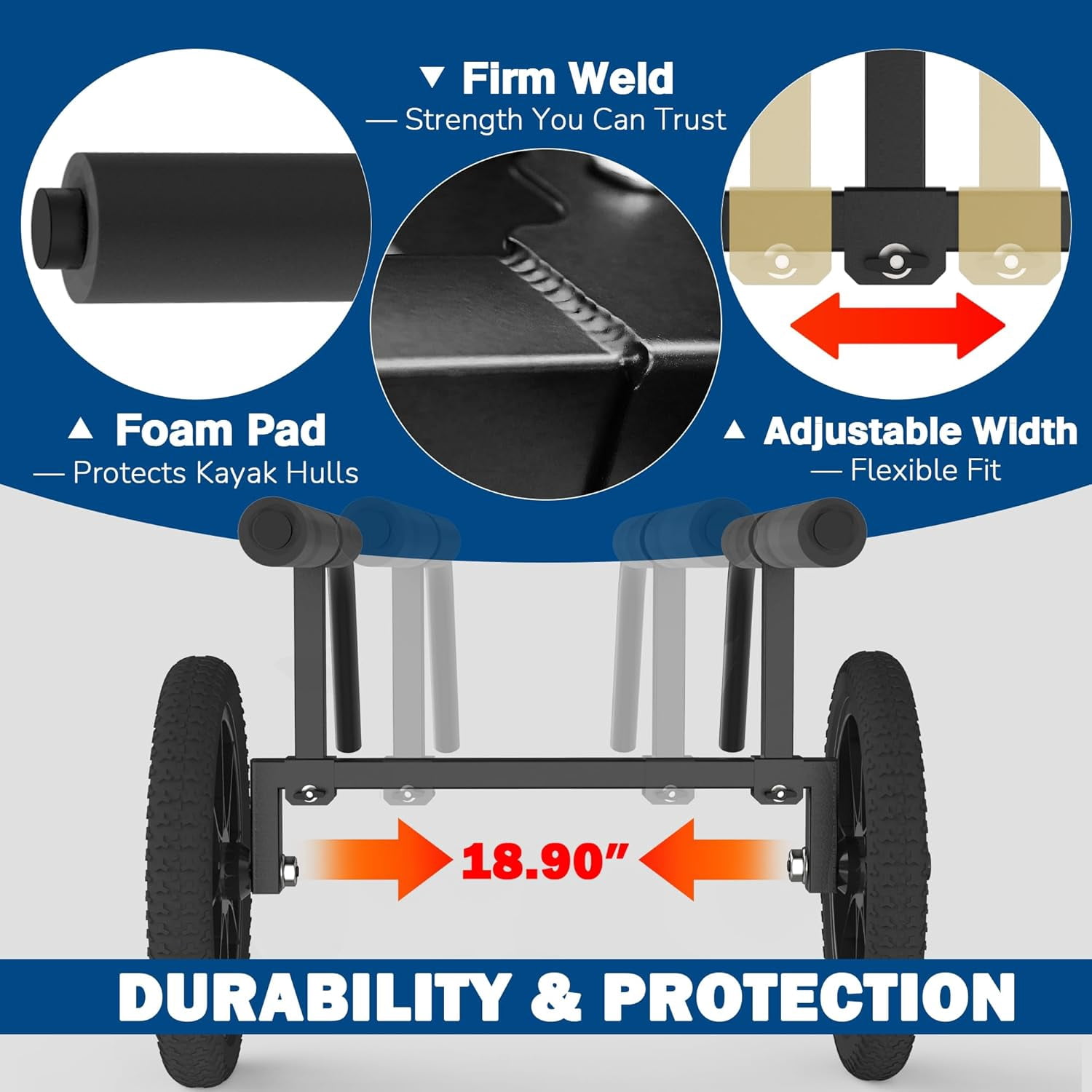 GanFindX Kayak Cart with Solid Foam Wheels, Detachable Canoe Trolley Carrier, Heavy Duty Kayak Dolly Transport with Upright Frame & Crossbar for All Terrain