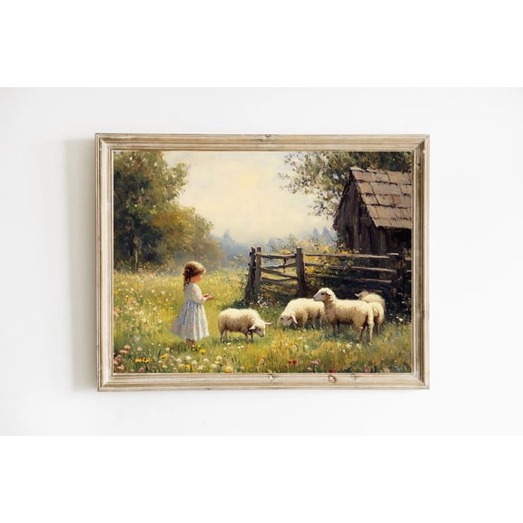 Little Girl with Sheep Rustic Farm Countryside Print Poster Modern Farmhouse Children's Room Cottagecore Wall Art Poster E1035, Unframed Poster Size 8x12 F03.1.18l895