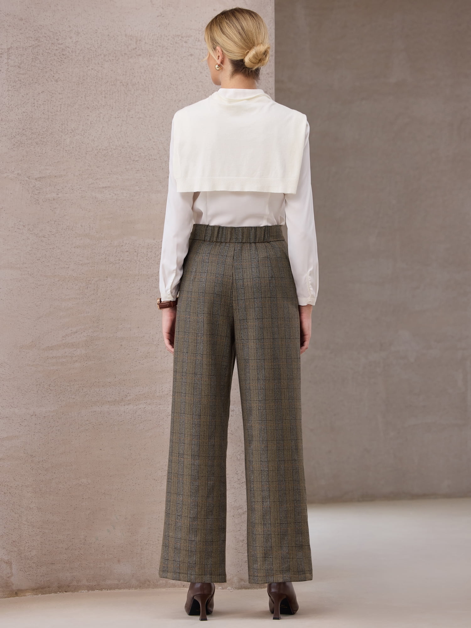 DARING DIVA Women's Plaid Vintage Houndstooth Wide Leg Trousers for Work 2XL Brown