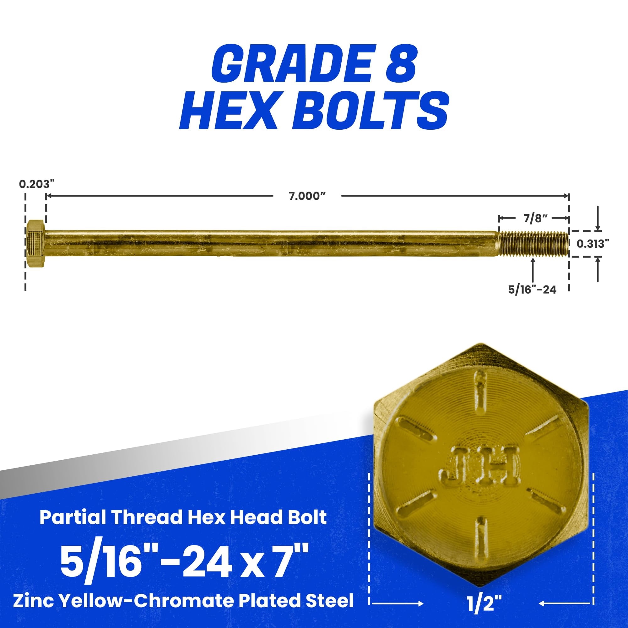 Fastenere 5/16"-24 x 7" Hex Bolts Grade 8 Zinc Yellow-Chromate Plated Steel, Partial Threaded Durable Hex Bolts for Machinery & Construction, Rust-Resistant, Heavy-Duty Fasteners, Pack of 10