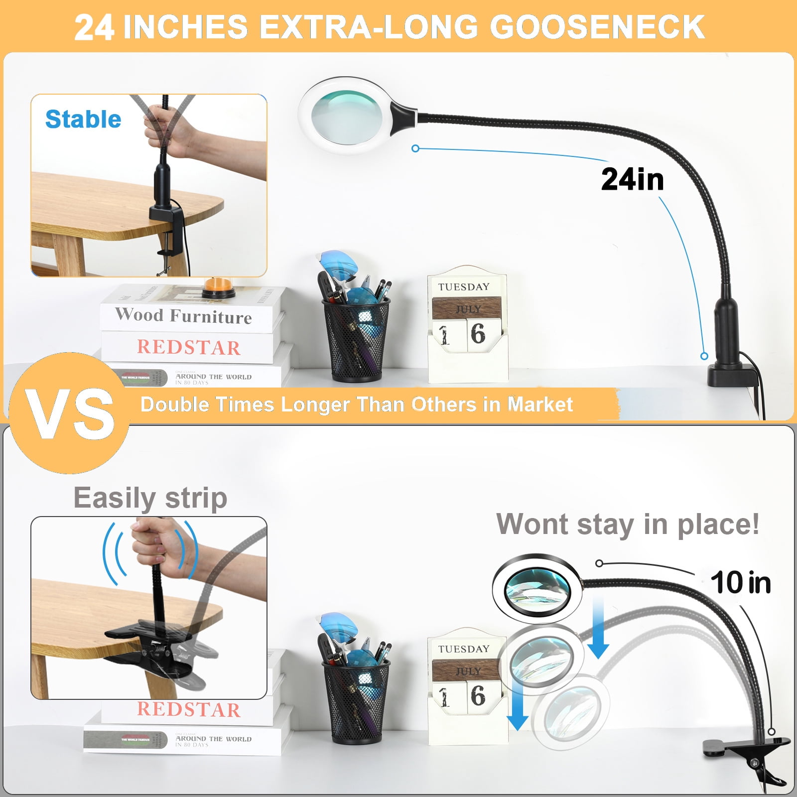 3-in-1 Magnifying Lamp with Light & Floor Stand - Real Glass Lens ,24" Flexible Gooseneck, 5-Color Stepless Dimmable LED Desk Lamp-floor/ Clamp Design, Hands-Free Magnifier for Craft & reading