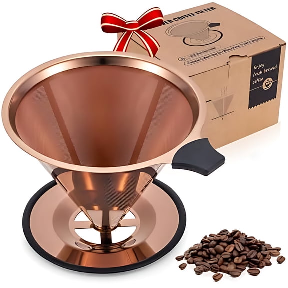【2.0 Upgraded】Pour Over Coffee Dripper, Stainless Steel Drip Cone Brewer, Reusable Metal Coffee Strainer with Non-Slip Ring & Handle, Paperless Pour Over Coffee Maker (2.0 Titanium Copper)