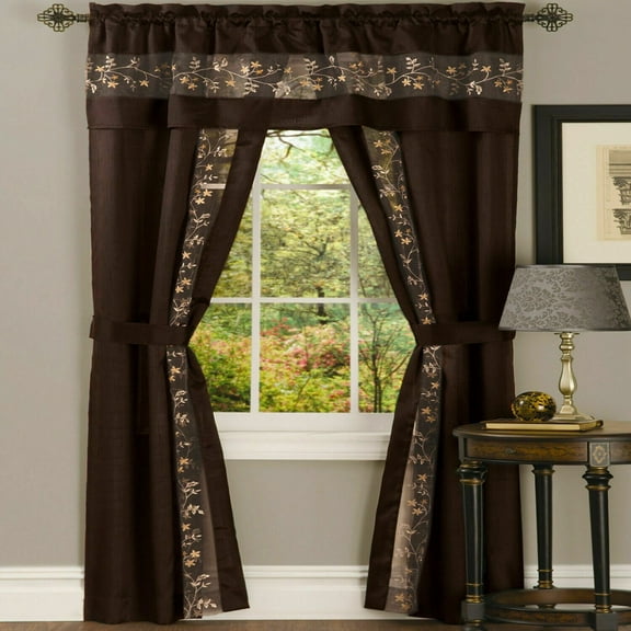 Kate Aurora Complete 5 Piece Embroidered Floral Attached Window in a Bag Sheer Curtain Set - Brown - 84 in. Long