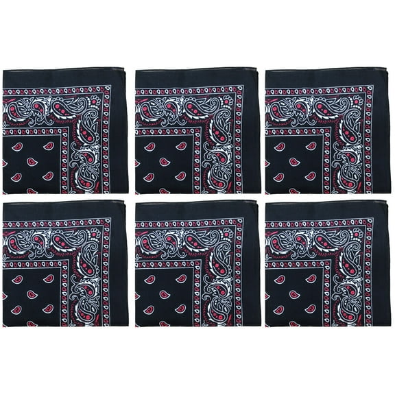 6 Pack Cotton Paisley Bandanas Multi-Purpose Accessories Everyday Use (Black & Red)