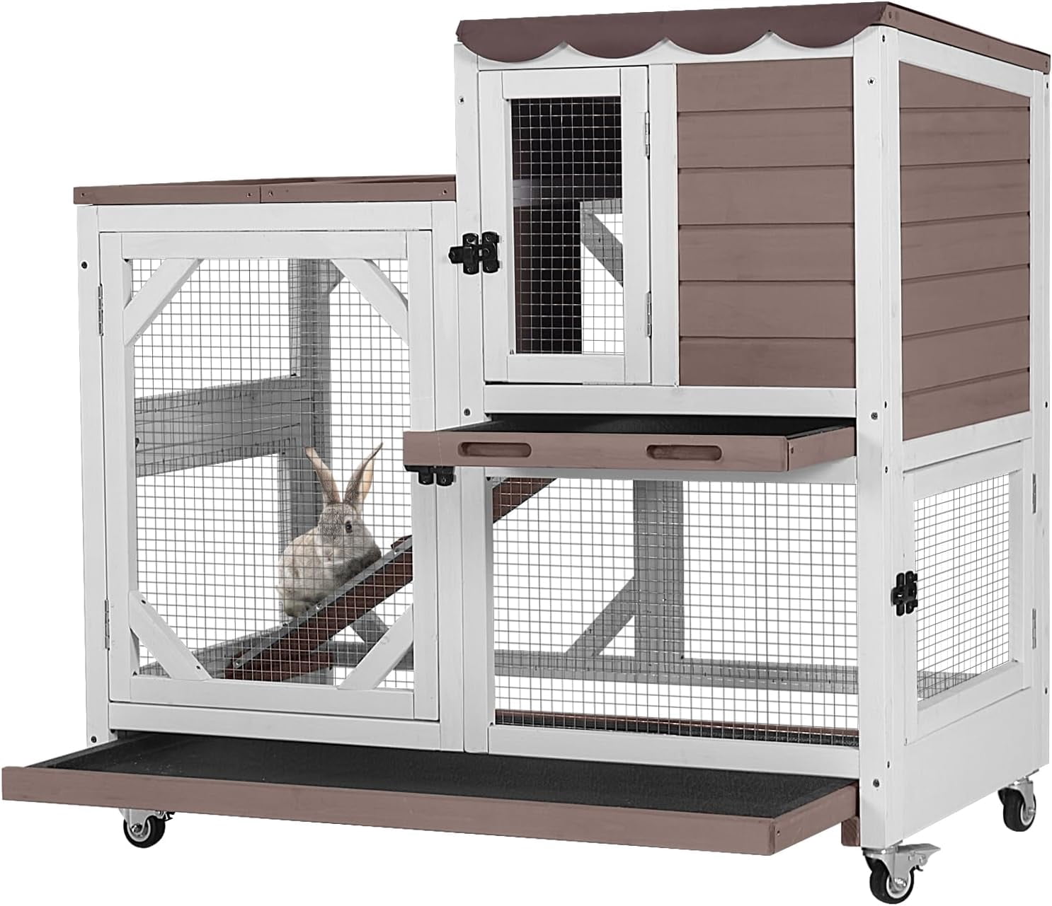 BUTINGLALE Rabbit Hutch Indoor Outdoor 2 Story Bunny House on Wheels Wood Rabbit Cage with 2 Pull Out Trays Guinea Pig Cage