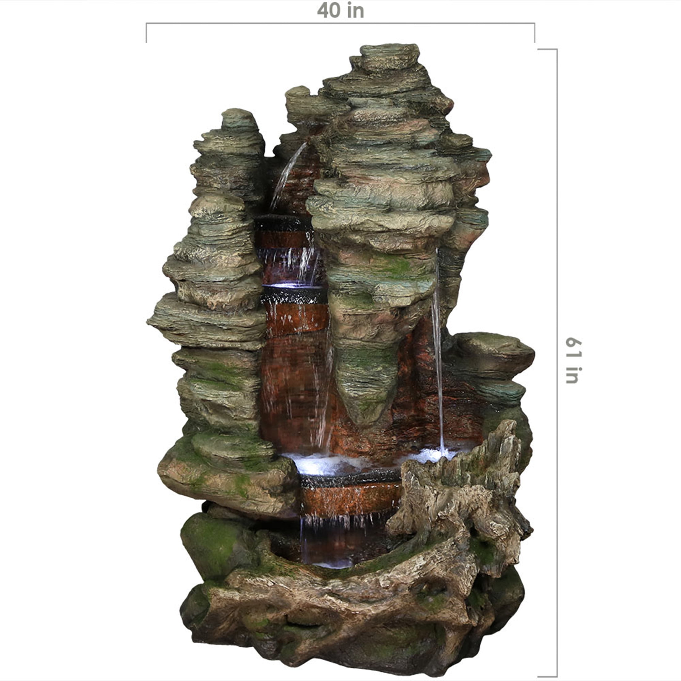 Sunnydaze Flat Rock Summit Polyresin Outdoor Water Fountain with Lights