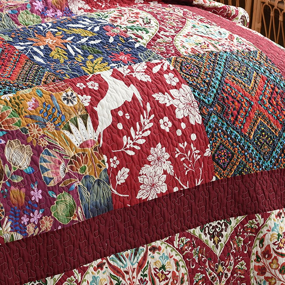 Visimisi 100%Cotton Bedspread Quilt Bedding Sets 3 Pieces Reversible Coverlet Sets Comforters Gorgeous Paisley Floral Patchwork Red Bedspread, King Size