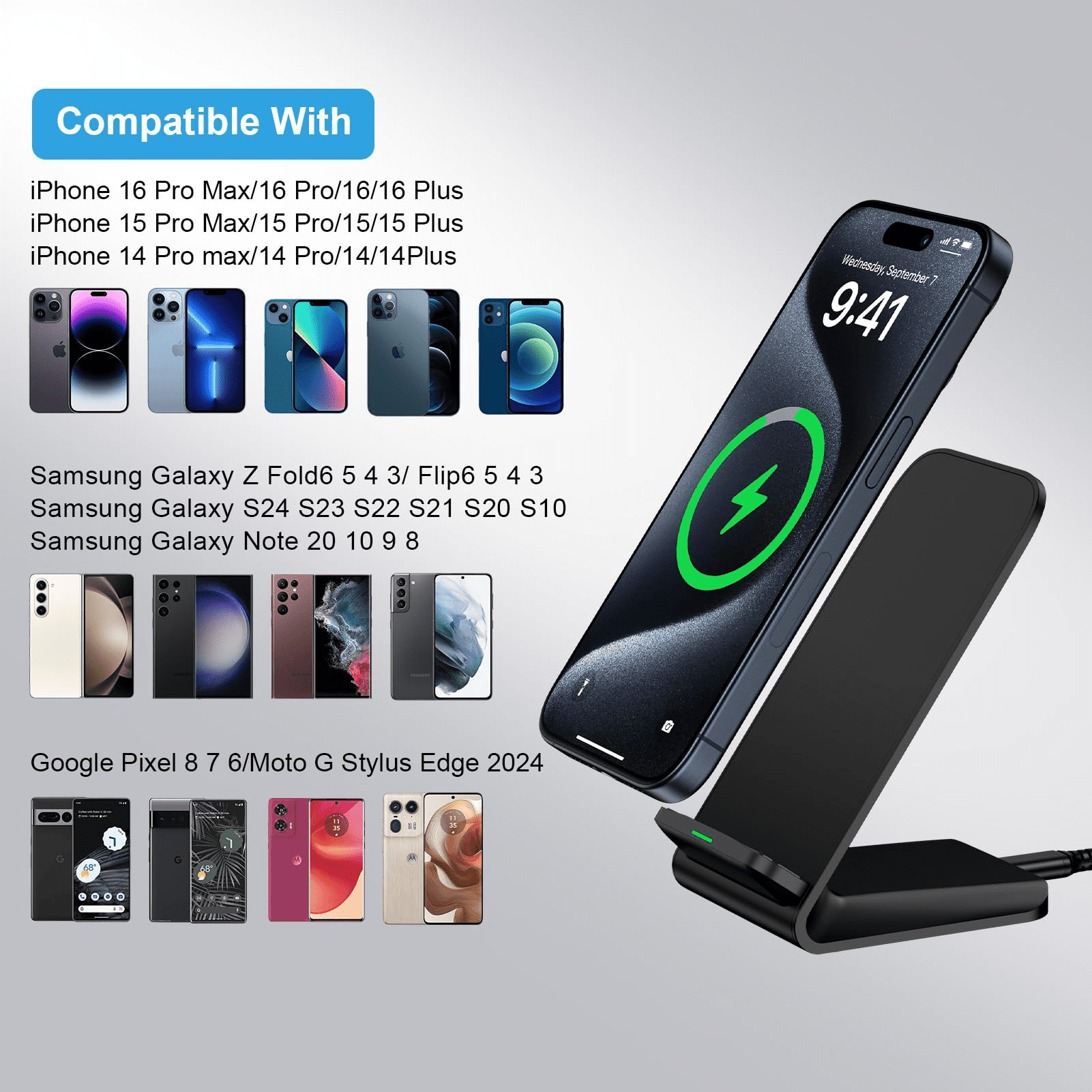 Google Pixel 9 Wireless Charger Stand Fast Charging for Pixel 9A 9 Pro XL Fold 9 8A 7A 8 7 6 Pro,15W Phone Wireless Charger Station for Samsung Galaxy S25 S24 S23 S22 S21 S20 Ultra FE,iPhone 16 15