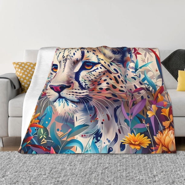 Fotbe Vibrant Leopard In Flowers Manta de Franela con Estampado, Manta Ultrasuave para Cama, Sofá, Auto, Hipoalergénica y Antibolitas-60"x50"