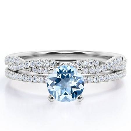 JeenMata Four-Prong Setting 1.5 Round Cut Bright Blue Created Aquamarine and Moissanite Pave Infinity Twisted Band Bridal Set in 18K White Gold Plating over Silver