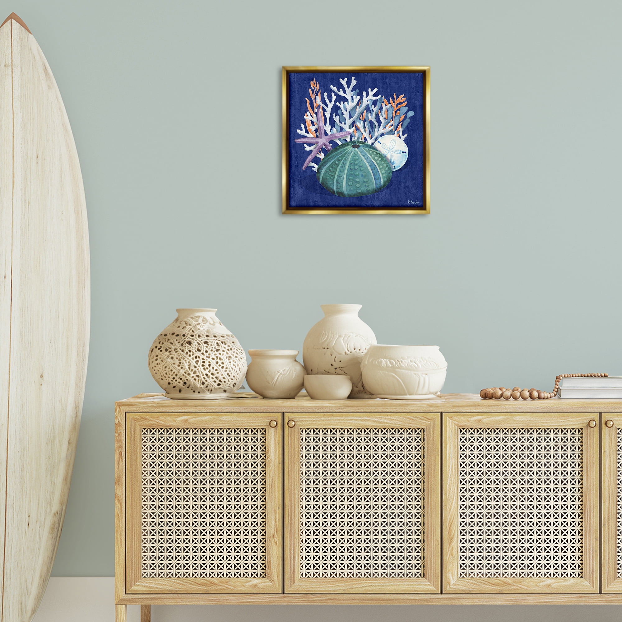 Stupell Industries Monterey Urchin & Coral Coastal Painting Gold Floater Framed Canvas Art Print Wall Art, 18 x 18