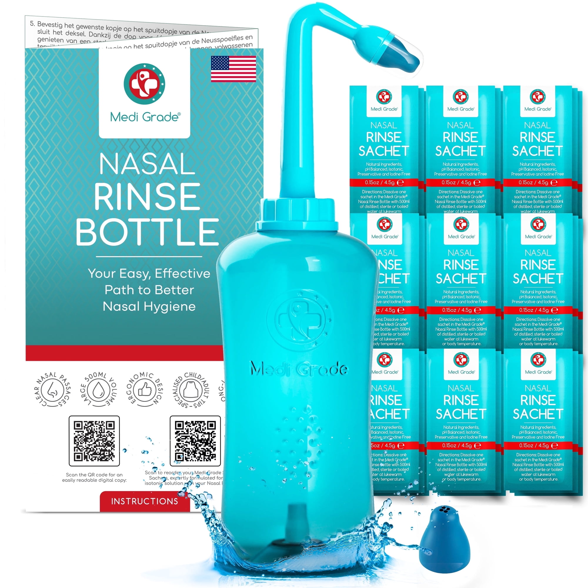 Medi Grade Adult Sinus Wash Kit – 500ml Bottle with 30 Packets for Nasal Congestion Relief & Travel
