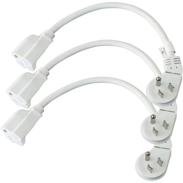 EP 3 Pack 1 Ft Flat Plug Extension Cord, 16 AWG 3 Prong Grounded White Low Profile Extension Cable for Indoor