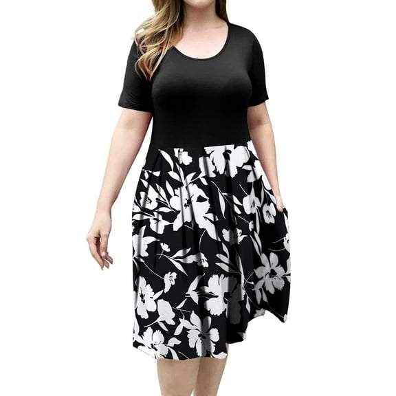 VERABENDI Women's Plus Size Dresses Short Sleeve Crew Neck Pleated Swing Dress with Pockets (L-4XL)