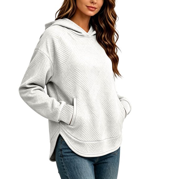 FDGIU Women's Quilted Pullover Hoodie, Long Sleeve Curved Split Hem Hooded Sweatshirt with Kangaroo Pocket for Casual Daily Wear