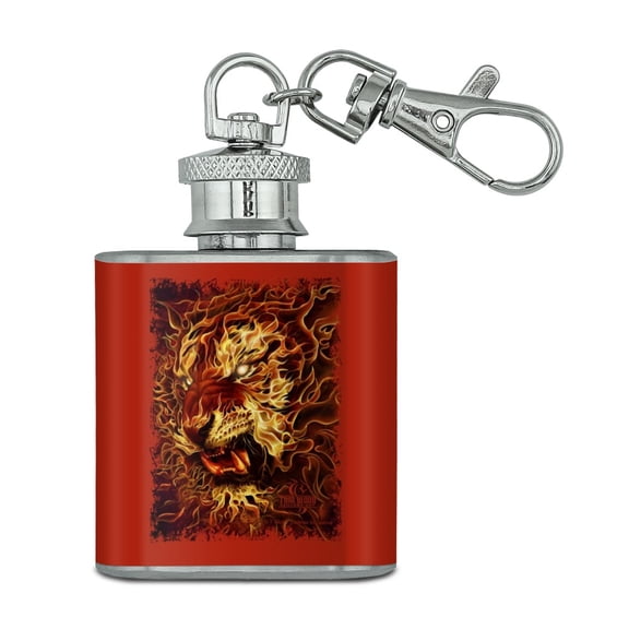 Flaming Fire Tiger Stainless Steel 1oz Mini Flask Key Chain