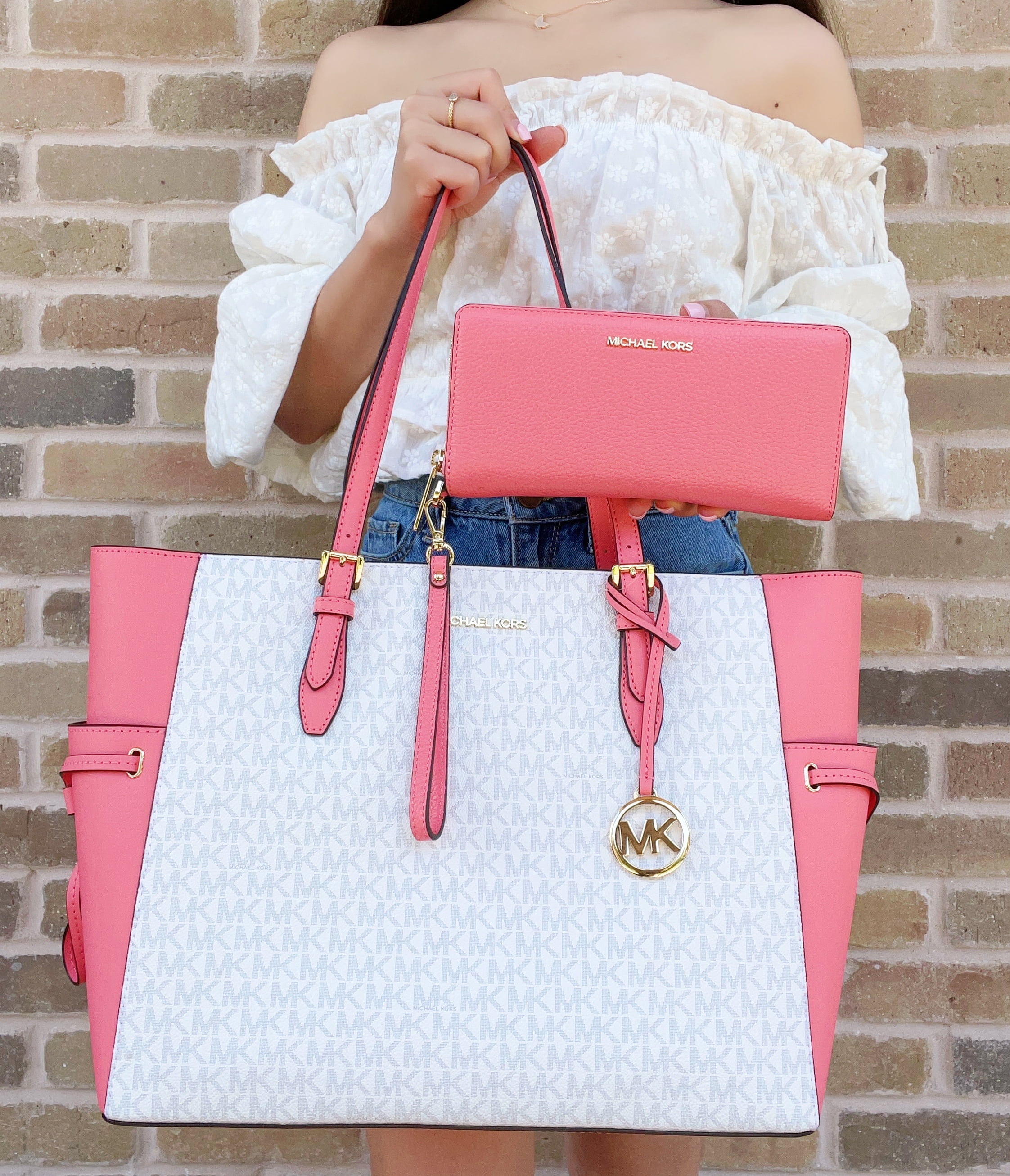 pink and white michael kors tote