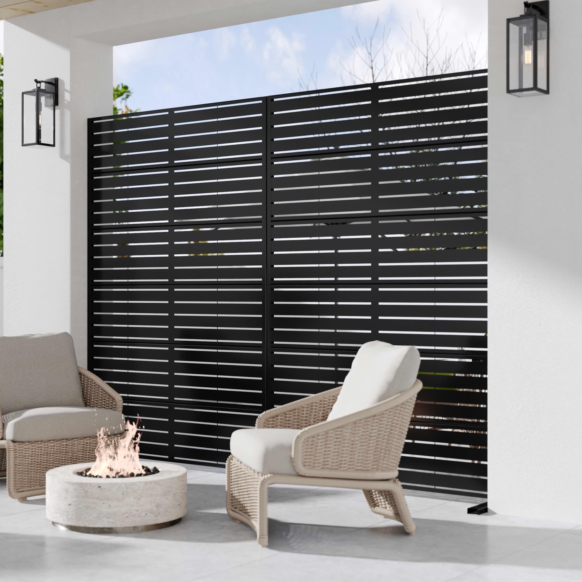 MAYEERTY Outdoor Metal Privacy Screen 6 × 4FT Black, 6-Panel Classic Louvered Design, Easy Install for Apartment Balcony
