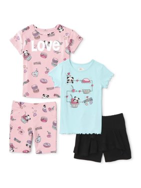 365 Kids from Garanimals Girls' 4-10 Graphic T-Shirts, Bermuda Short and Skort, 4-Piece Mix and Match Outfit Set