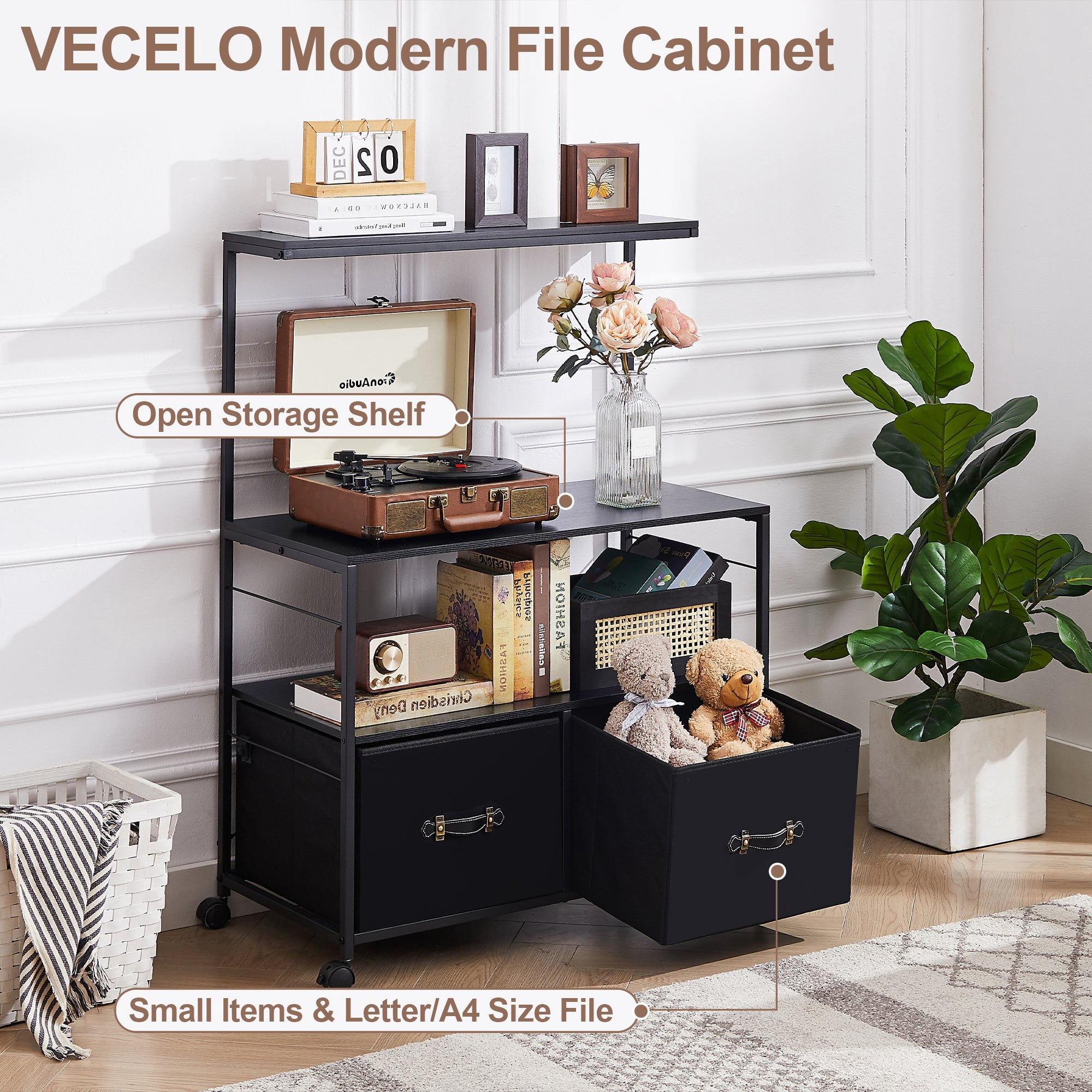 VECELO 2-Drawer Lateral File Cabinet, Rolling Printer Stand with 3 Open Storage Shelf, Fits A4 or Letter Size, with Lockable Casters, for Home Office/Apartment, Black
