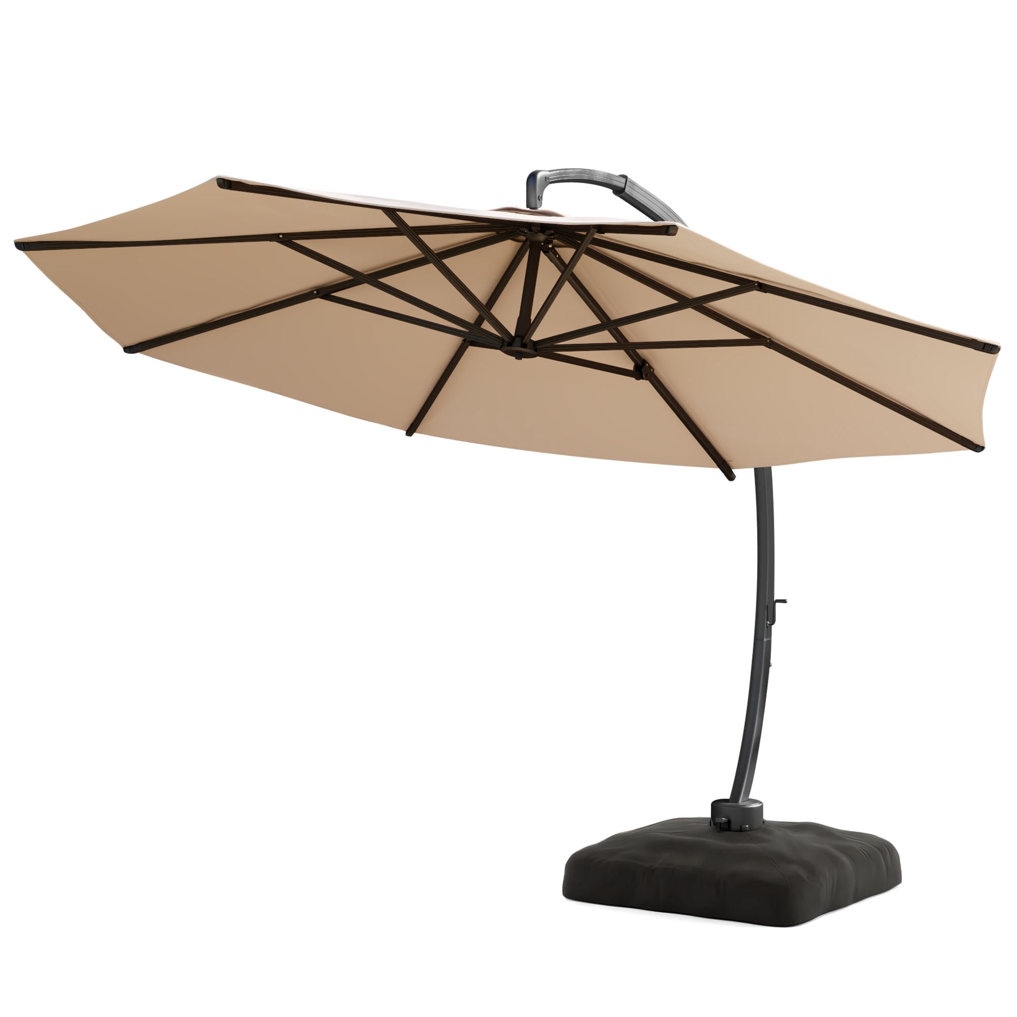 LAZZO 11ft Outdoor Patio Umbrella with Base and Lights, Aluminum Offset Cantilever Umbrella for Pool Deck, Champagne