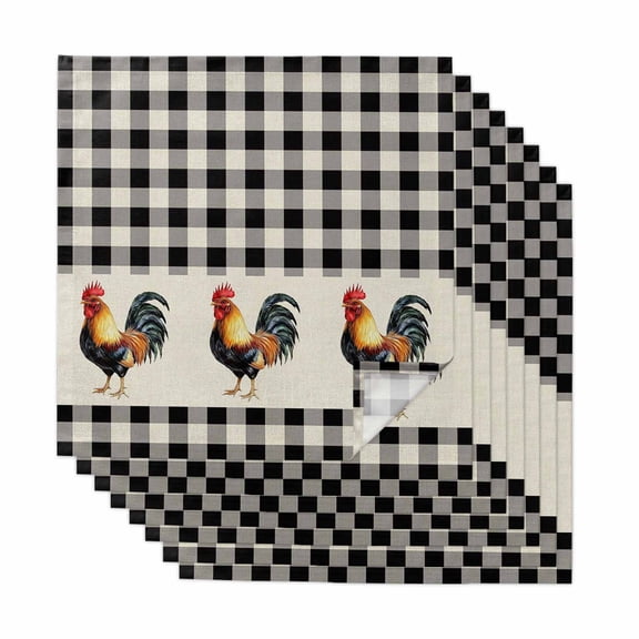 Black White Plaid Rooster Cloth Napkins, Vintage Farmhouse Checkered Rustic Washable and Reusable Dinner Napkins Set of 8, Table Napkin for Kitchen Party Birthday Wedding Hotel Housewarming 20"x20"
