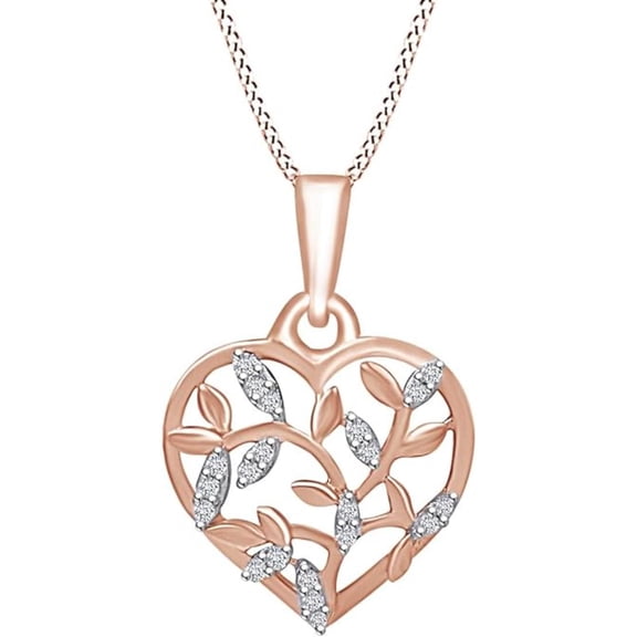 925 Sterling Silver 14K Rose Gold Finish Round Cut White Diamond Olive Leaf Heart Shape Pendant Necklace for Women