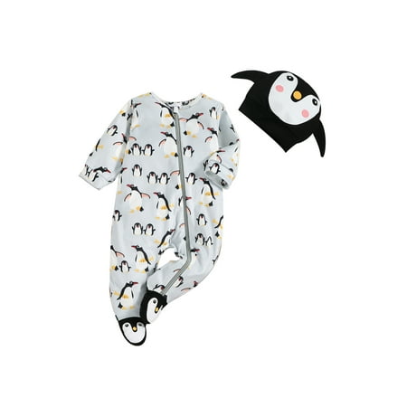 

Liliz Newborn Tldder Kids Penguin Print Round Neck Long Sleeve Jumpsuit with Zipper+ Cap