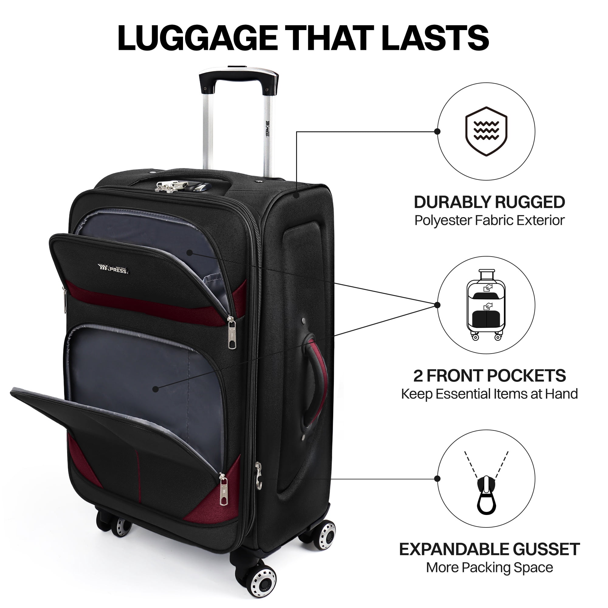 New York Xpress 32" Softside Large Checked Luggage Lightweight Expandable Suitcase with Spinner Wheels, Black/Burgundy, WD8815