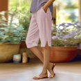 thumbnail image 2 of WTOBBY Women's Fashion Solid Color Loose-Fit Elastic Waist Cotton Linen Casual Bermuda Shorts with Side Pockets, Comfortable and Breathable for Summer Outfits,Pink M, 2 of 5
