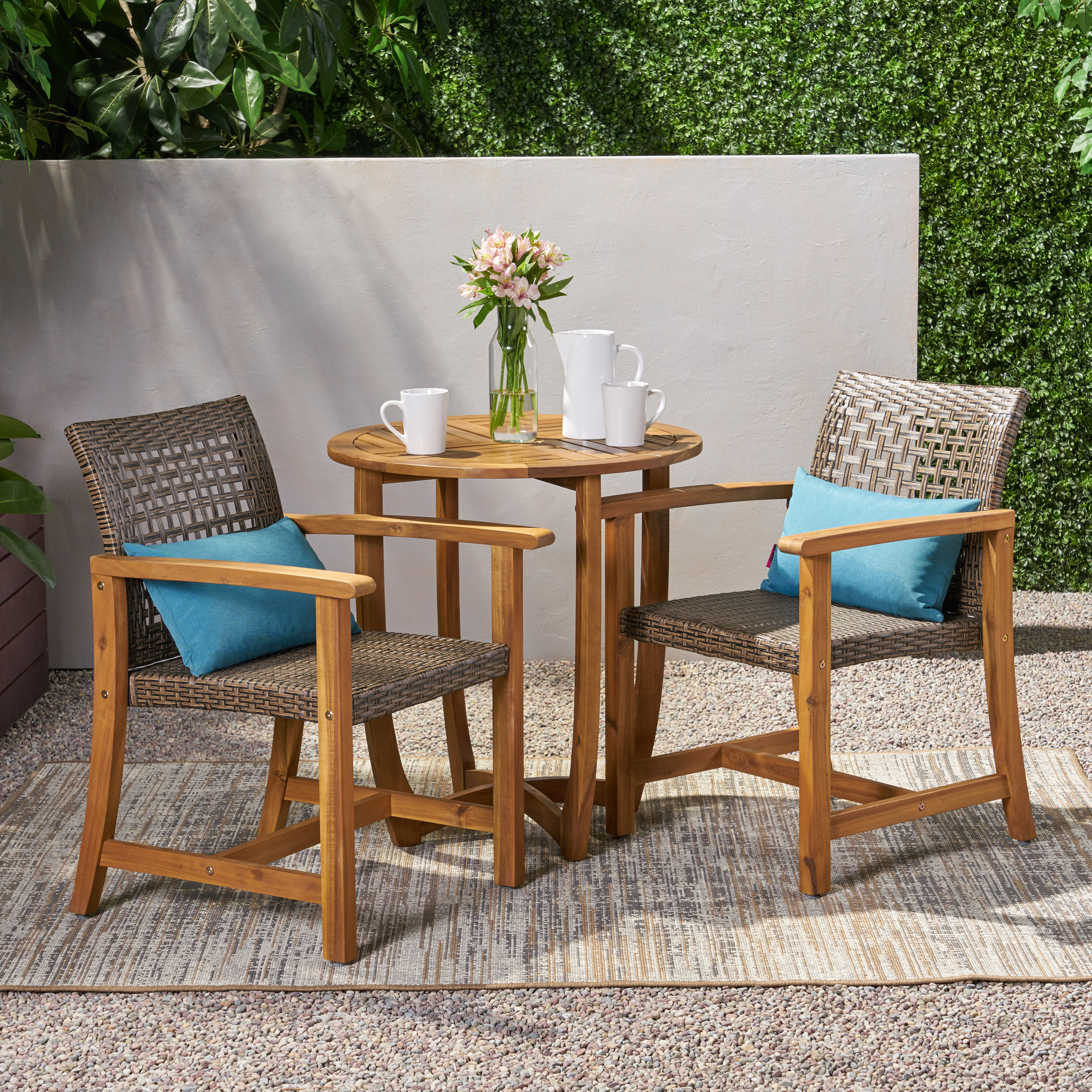 Albert Outdoor 2 Seater Acacia Wood Dining Set, Teak Finish, Mixed Mocha
