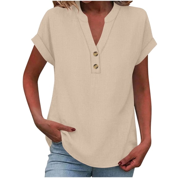 XPMWRP Womens Cotton Linen Short Sleeve Henley Tops V Neck Dressy Casual Blouses Summer Trendy Tee Shirts 2026 Vacation Fashion Clothes Beige L