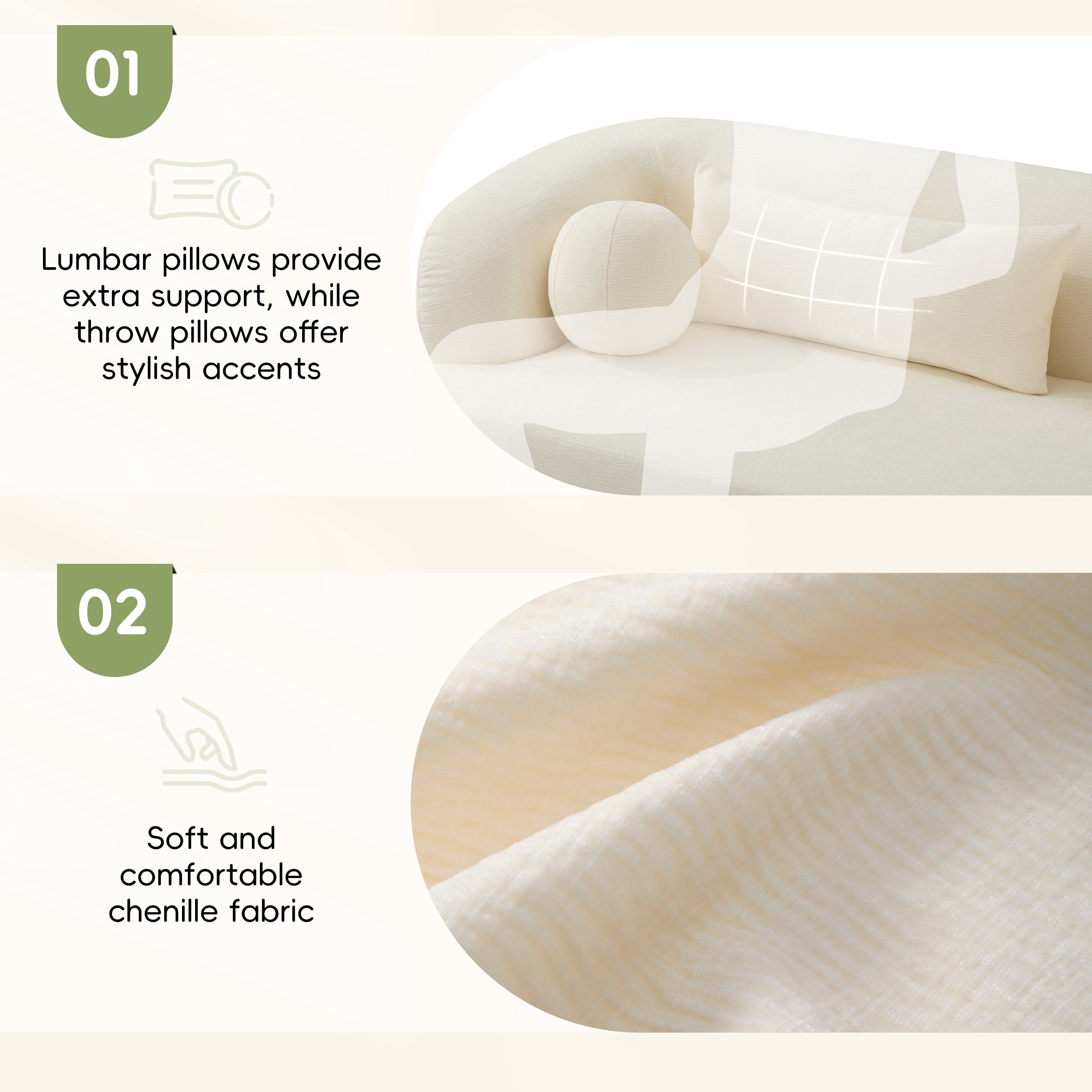 Sofa, Couch, No Assembly Sofa, Curved Frameless Chenille Cloud Couch Compressed Delivery, Includes 4 Pillows, 3-Seater Sofa for Living Room, Beige