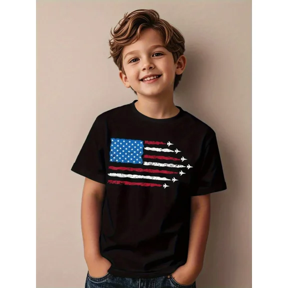 children’s wear Boys American Flag Fighter Jet T-Shirt Patriotic USA Military Aviation Graphic Tee for Kids
