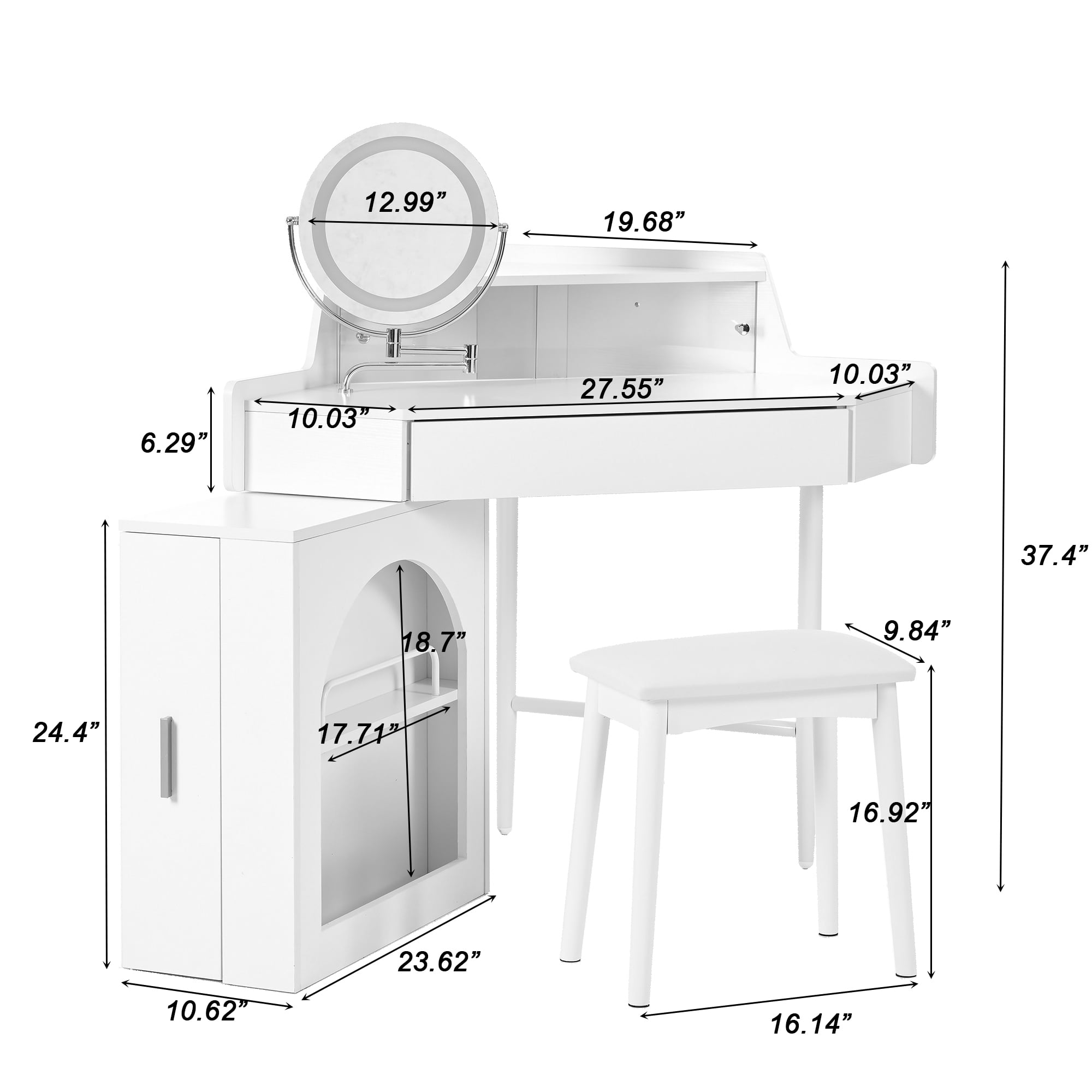 BaPiPro Corner Makeup Vanity Desk with LED Mirror & Stool, White Dressing Table with Large Storage, 3-Color Adjustable Lighting, Tri-Fold 360° Rotating Mirror, Modern Vanity Set