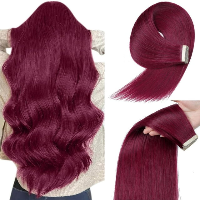 Extensiones de cabello YDDM Burgundy con cinta adhesiva de 45 cm en 100% cabello humano Remy