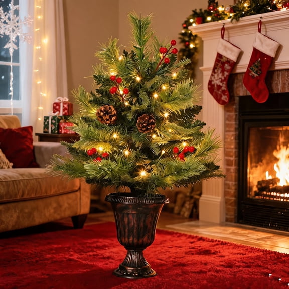 2Ft Pre-Lit Tabletop Christmas Tree with 40 Warm White LEDs | Small Christmas Tree, Artificial Mini Xmas Tree with Pine Cones & Red Berries for Home Office Holiday Decor