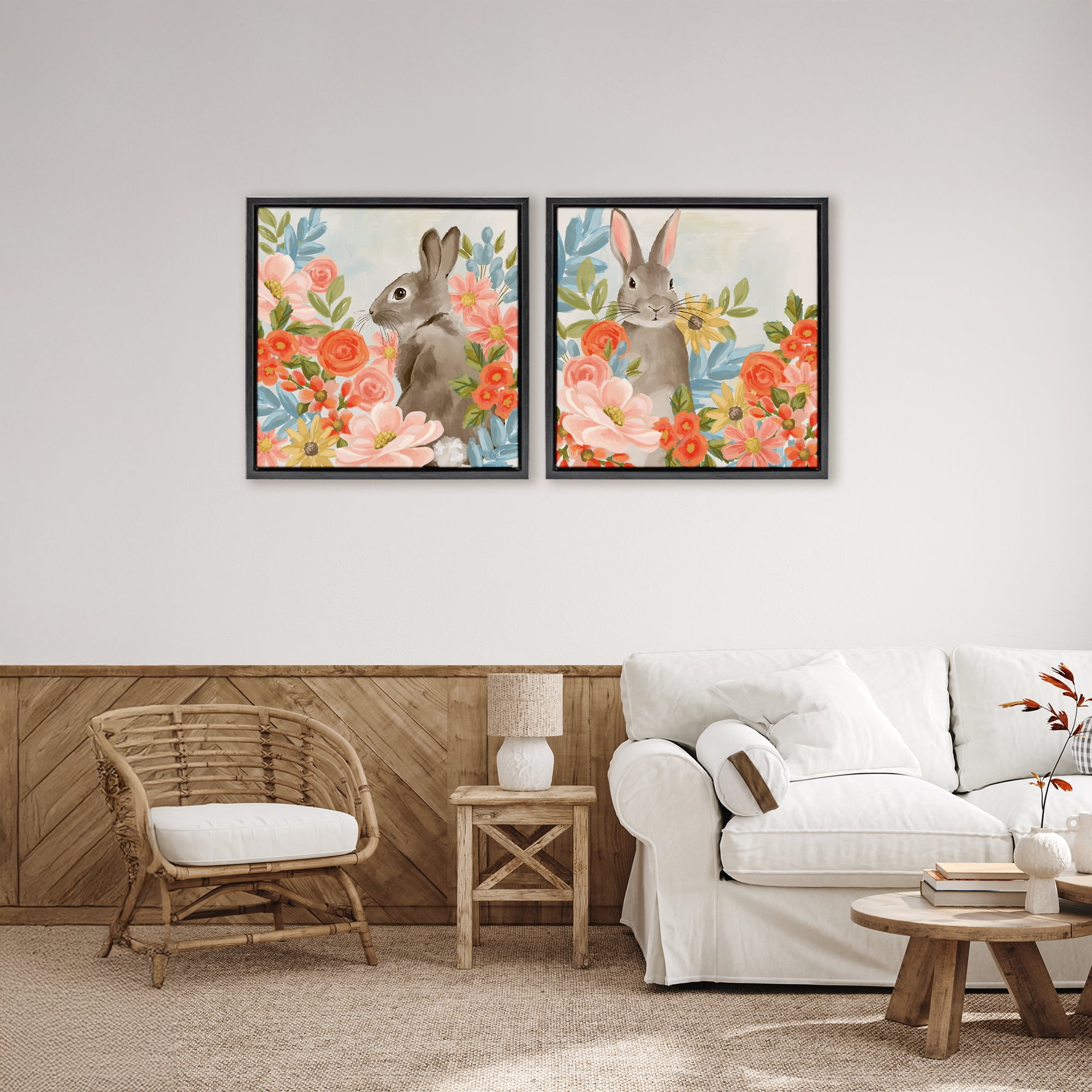 Stupell Industries Bright Bunny Blooms 2 Piece Black Framed Floater Canvas Set, design by Cat Thurman Designs