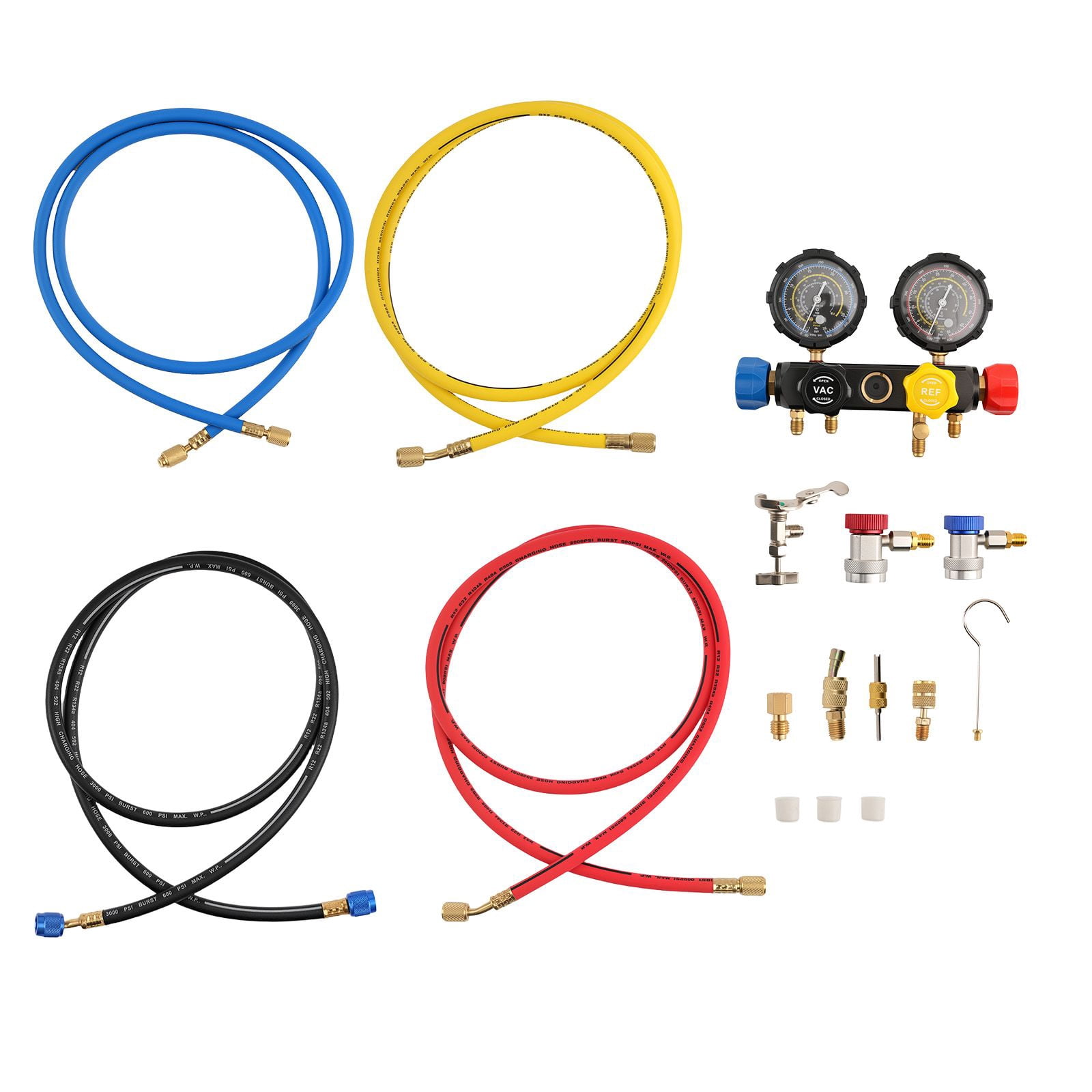 14pc AC Manifold Gauge Set 4-Way for R134a R22 R410a Refrigerant, HVAC Charging Kit with 5ft Hoses, High/Low Pressure Dials, Adapters & Case, SKU 47569983, Automotive Cooling