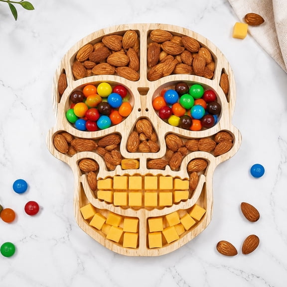 LEVEO Wooden Skull Charcuterie Board, Spooky Halloween Cheese Board with Compartments, Fun Meat and Cheese Serving Tray for Kitchen Decor, Party Table, and Gothic Holiday Gift