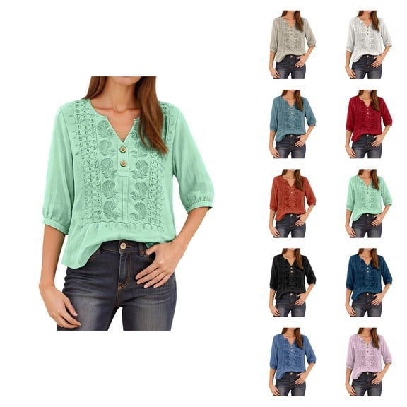 T Shirts for Women 2026 Summer Vintage Boho 3/4 Sleeve Shirt V Neck Embroidered Casual Tshirt Blouse
