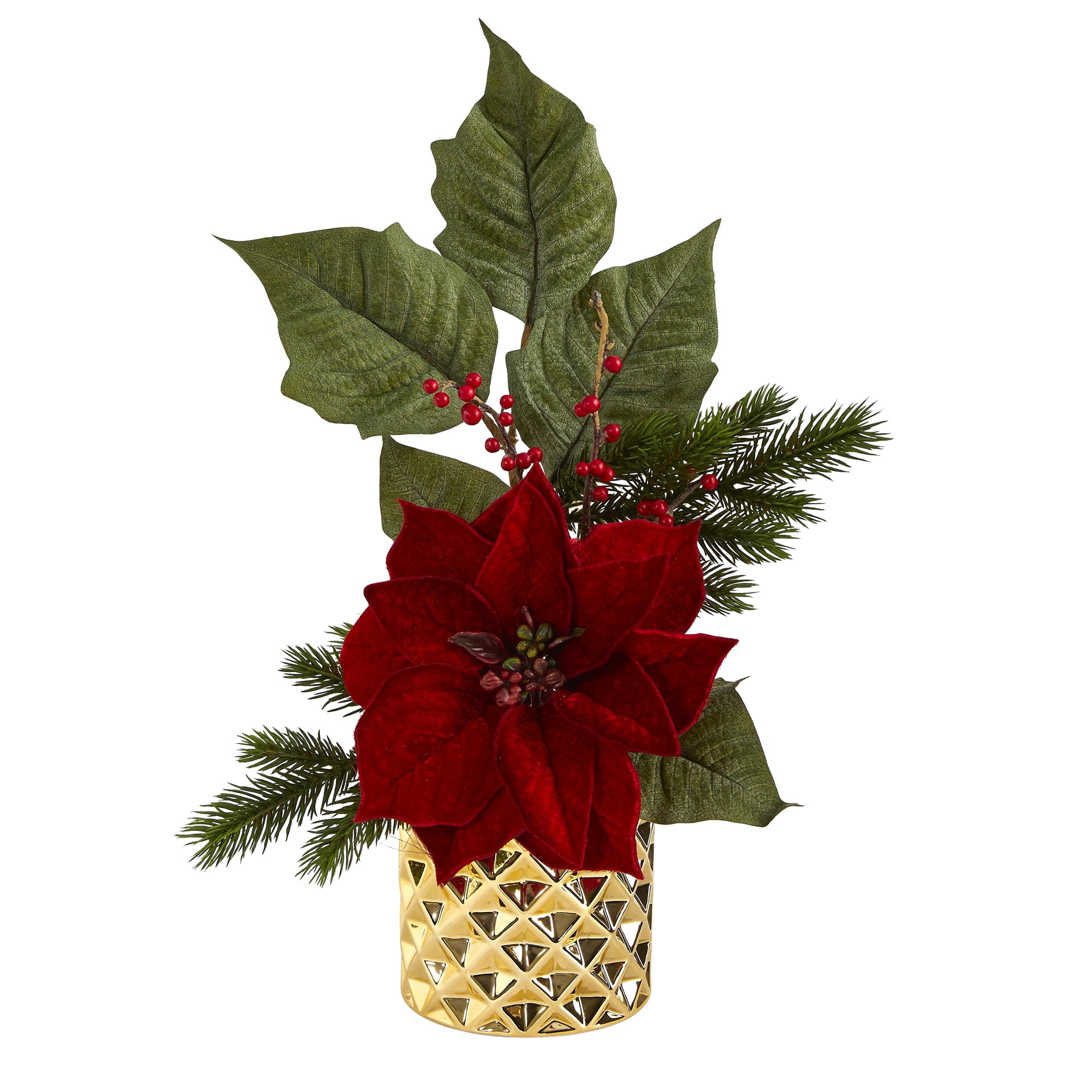 Nearly Natural 21" Poinsettia, Berries and Pine Artificial Arrangement in Gold Vase, Red