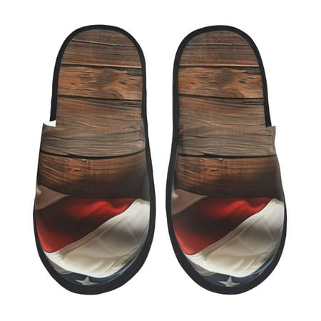 Balery Rustic American Flag Wood Slient Indoor Furry Fleece Comfort House Shoes Soft Non-Slip Home Shoes Cotton slippers House Slippers-- Large